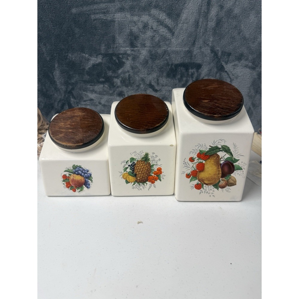 Vintage Hyalyn Pottery USA Ceramic Canister Set of 3 Fruit Motif Wood Lids MCM